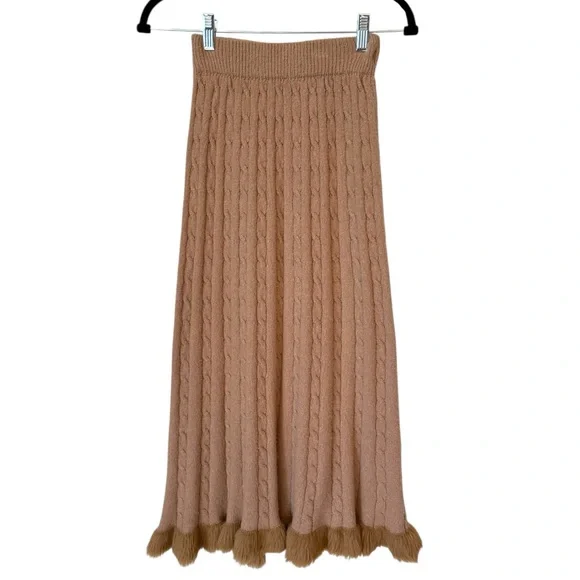 Knit Stretch Beige Fur Trim Skirt - Picture 7 of 9